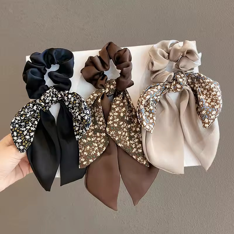Floral Bowknot Hair Ties for Women Long Ribbon Ponytail Scarf Hair Tie Hair Accessories