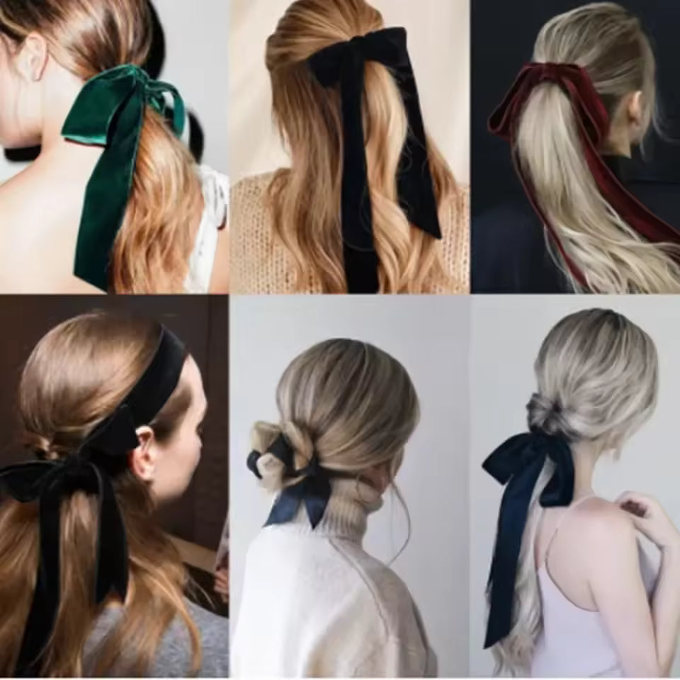 Black Velvet Bow Hair Ribbon Scrunchie for Women.