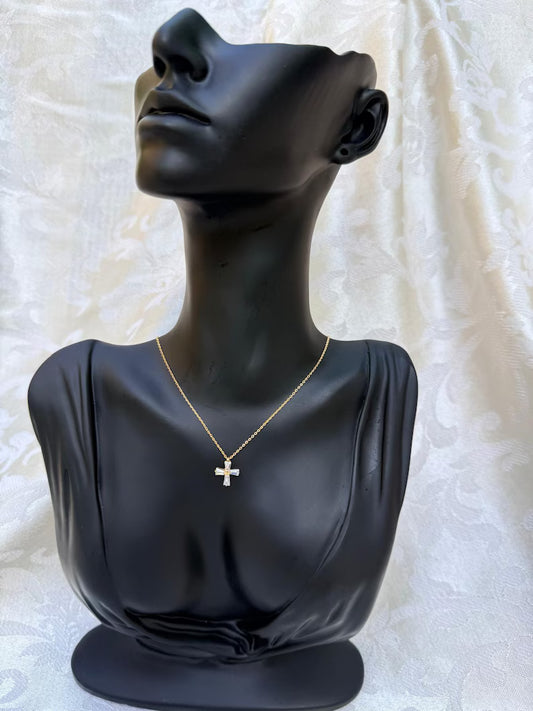 18K Gold Chain Necklace with Zircon Cross Pendant – 16" – 1.6g
