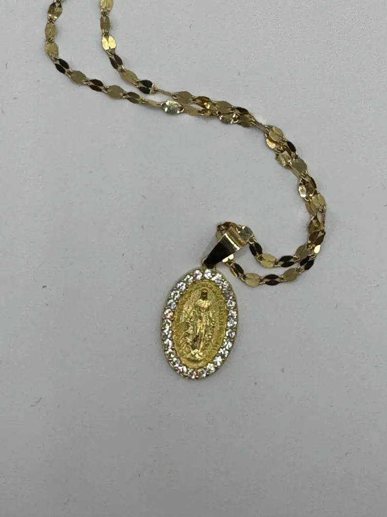 18k Gold Singapore Chain Necklace with Virgin Mary Pendant – Solid Gold – 2.1g