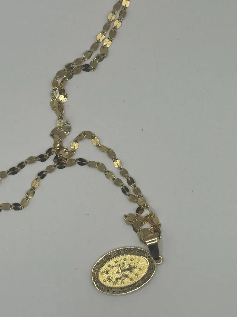 18k Gold Singapore Chain Necklace with Virgin Mary Pendant – Solid Gold – 2.1g