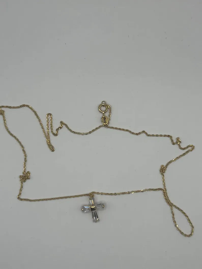 18K Gold Chain Necklace with Zircon Cross Pendant – 16" – 1.6g