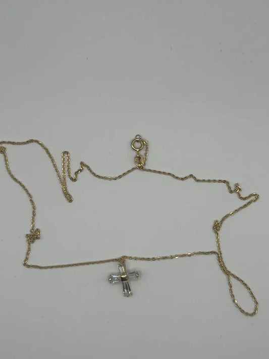 18K Gold Chain Necklace with Zircon Cross Pendant – 16" – 1.6g