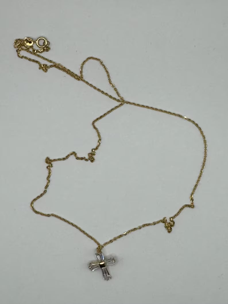 18K Gold Chain Necklace with Zircon Cross Pendant – 16" – 1.6g