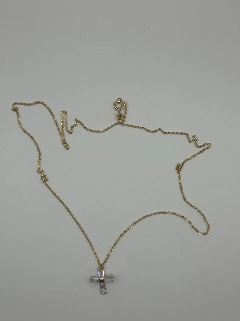 18K Gold Chain Necklace with Zircon Cross Pendant – 16" – 1.6g