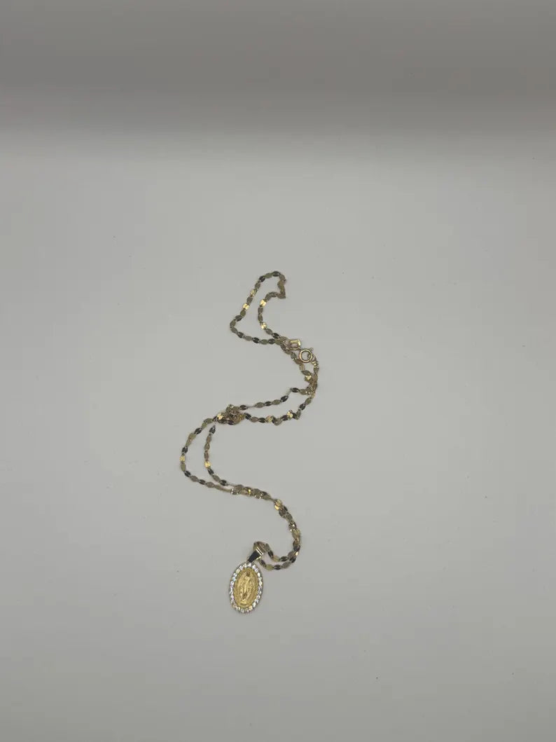 18k Gold Singapore Chain Necklace with Virgin Mary Pendant – Solid Gold – 2.1g