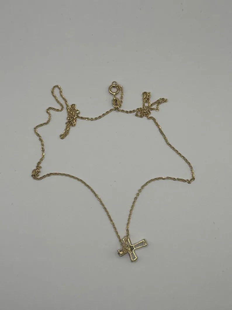 18K Gold Chain Necklace with Zircon Cross Pendant – 16" – 1.6g