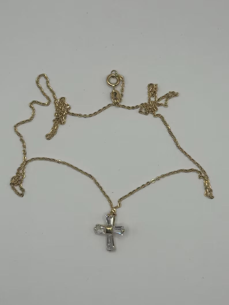 18K Gold Chain Necklace with Zircon Cross Pendant – 16" – 1.6g